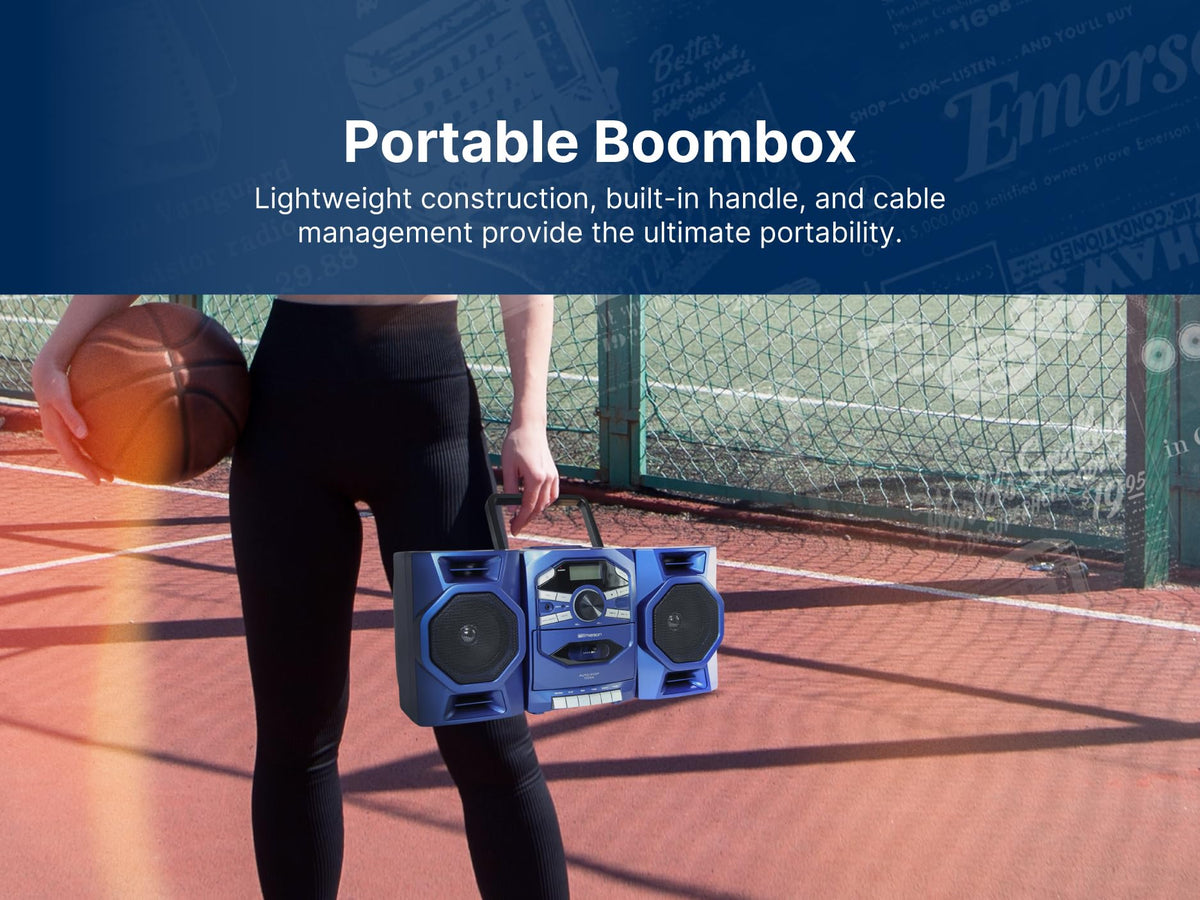 Emerson boombox powered by AC/DC or batteries for flexible home or travel use.
