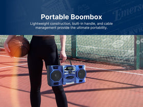 Emerson boombox powered by AC/DC or batteries for flexible home or travel use.