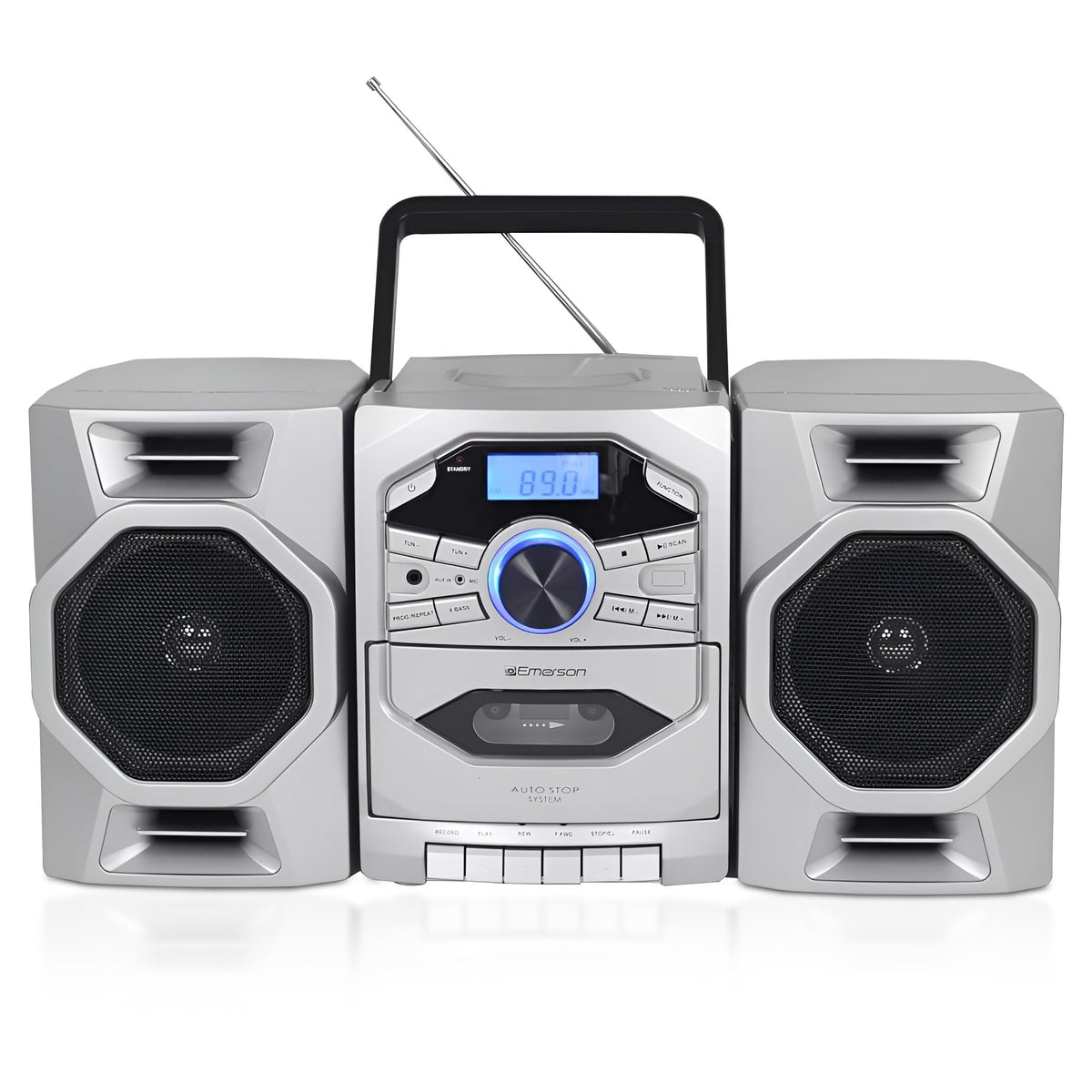 Emerson portable boombox with top-loading CD and cassette for versatile home or travel listening.