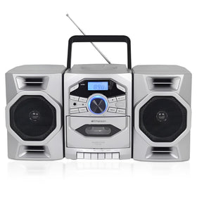 Emerson portable boombox with top-loading CD and cassette for versatile home or travel listening.