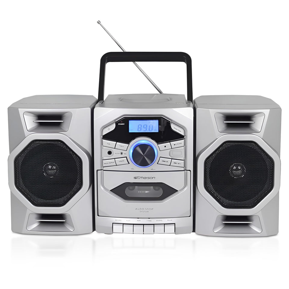 Emerson portable boombox with top-loading CD and cassette for versatile home or travel listening.