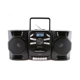 Emerson portable CD cassette boombox top-loading for versatile playback anywhere.