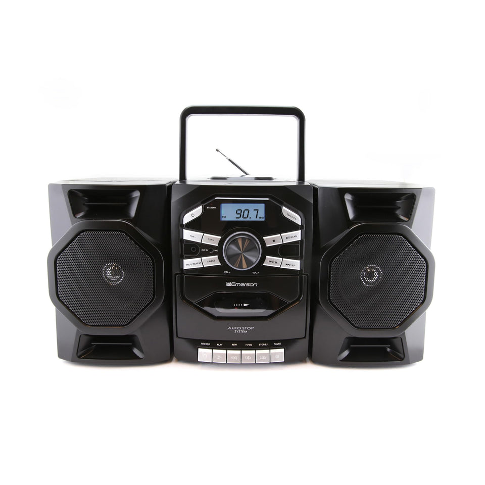 Emerson portable CD cassette boombox top-loading for versatile playback anywhere.