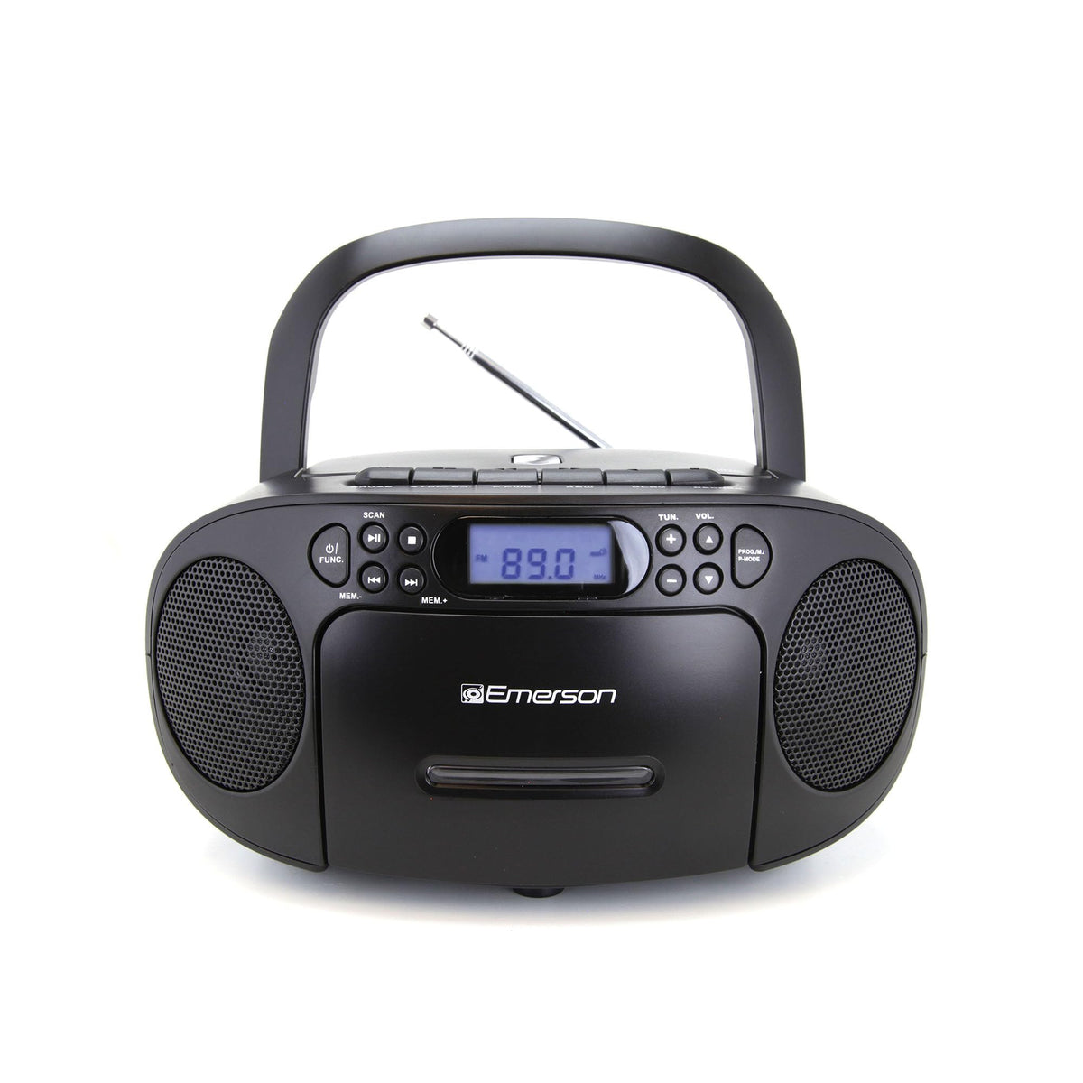 Emerson portable CD/cassette boombox with top-loading CD for versatile music playback