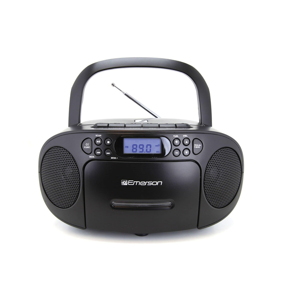 Emerson portable CD/cassette boombox with top-loading CD for versatile music playback