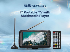 Emerson portable TV rechargeable battery enables watching anywhere without a wall outlet.