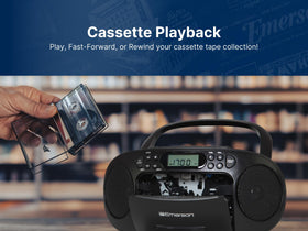 Emerson powered by AC adapter image showing included cord and continuous play benefit
