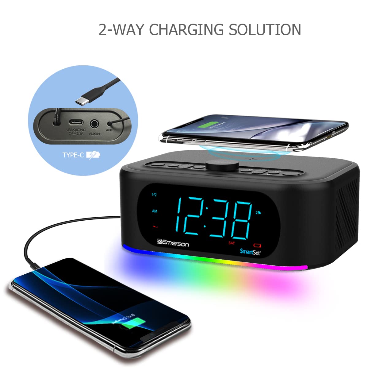 Emerson speaker in bedroom setting with lights and phone charging, enhancing nightly routine
