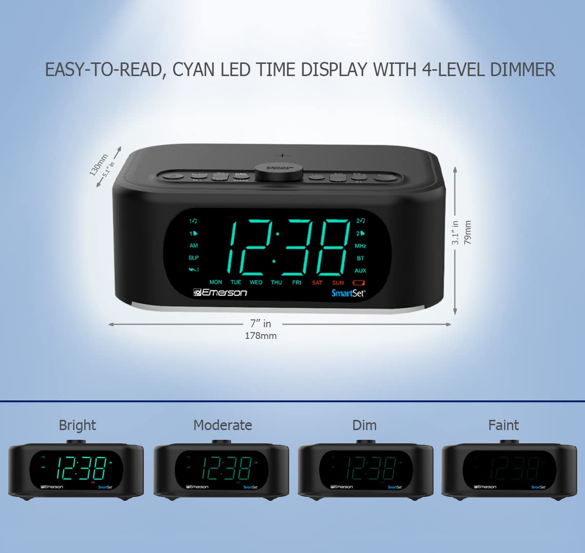 Emerson speaker charging a smartphone on 15W wireless pad, for fast bedside charging