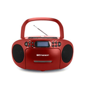 Emerson top-loading CD tray open showing disc compatibility and quick access
