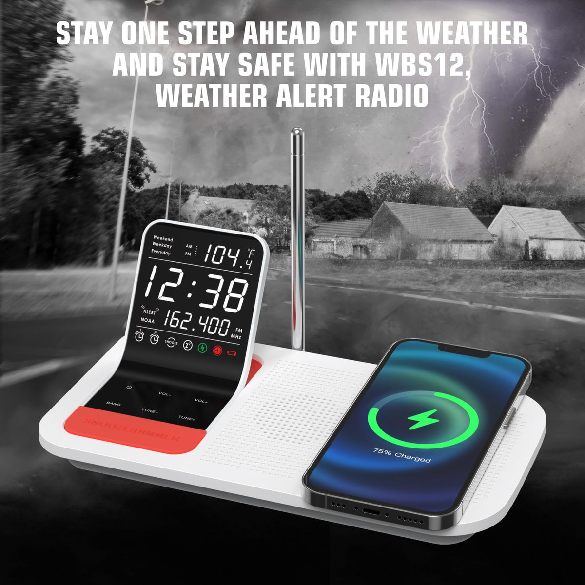 Emerson WBS12 bedside weather monitoring clock displaying time and temperature