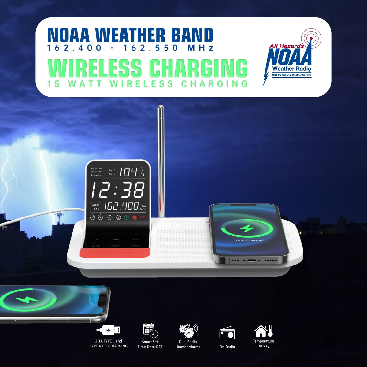 Emerson WBS12 wireless charging pad powering a device during storms