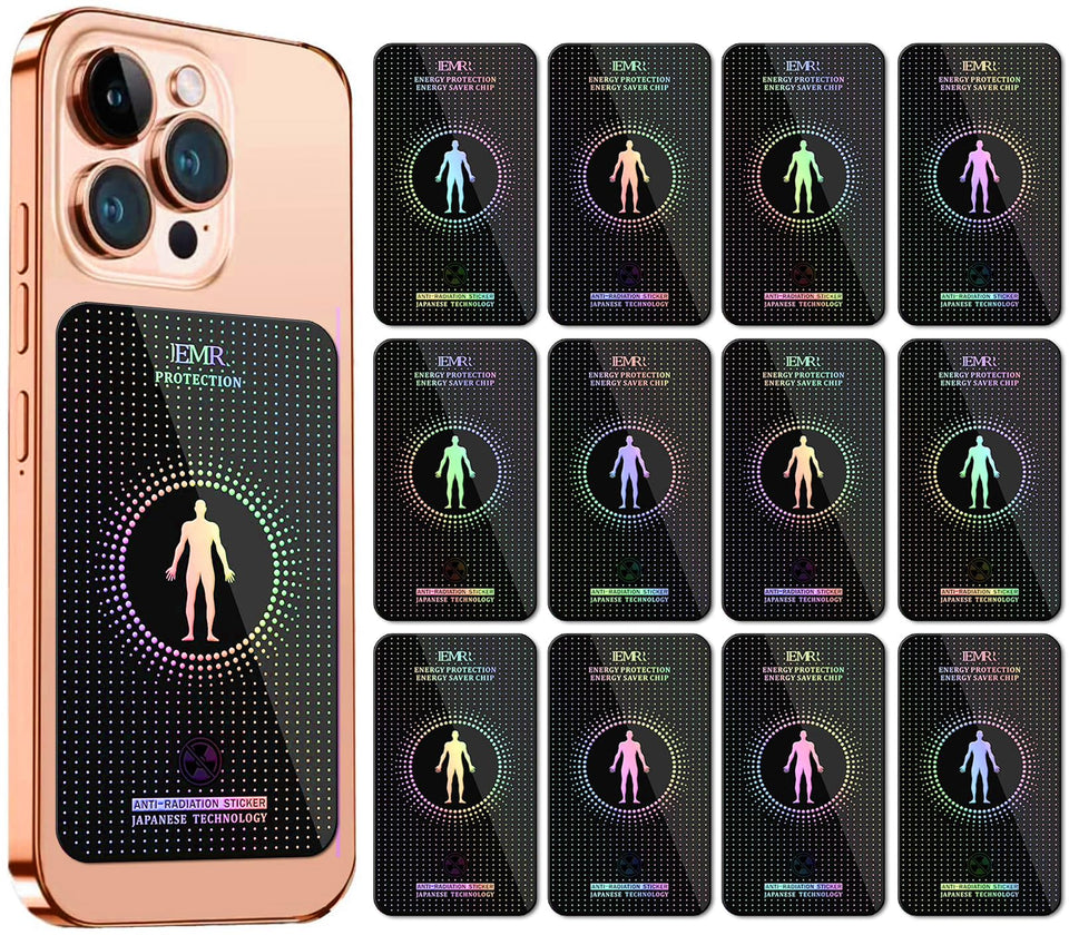 EMF Protection front pack view showing the 12 reusable stickers and clear layout benefit