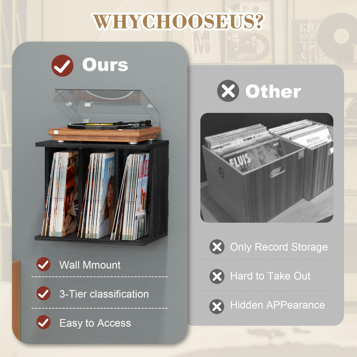 Emfogo multifunctional design keeps records, speakers, or books organized stylishly.