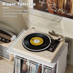 Emfogo size comparison beside stacked LPs illustrating capacity for 80–100 albums