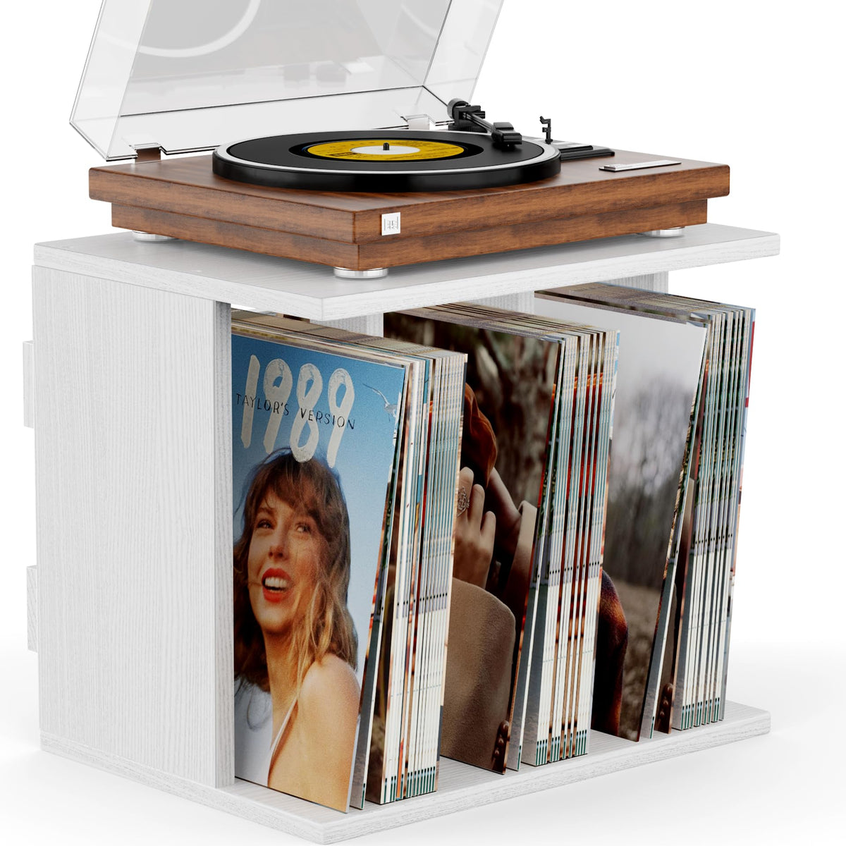 Emfogo front view of white record stand showing sleek profile and stability