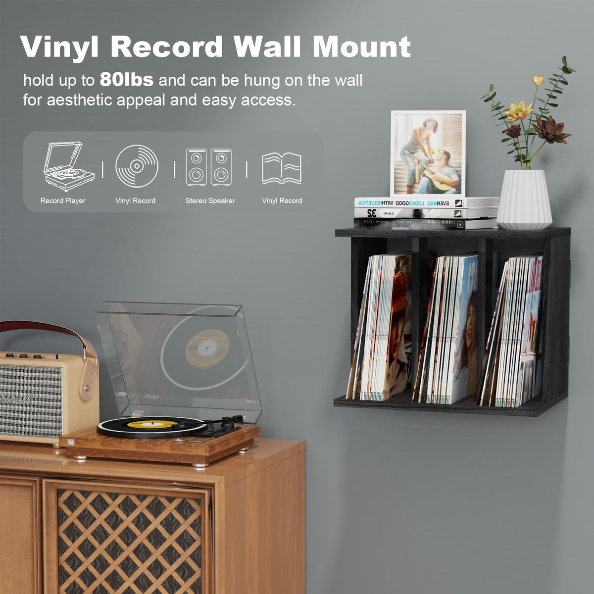 Emfogo vinyl record holder with 3 compartments neatly organizes records by genre.
