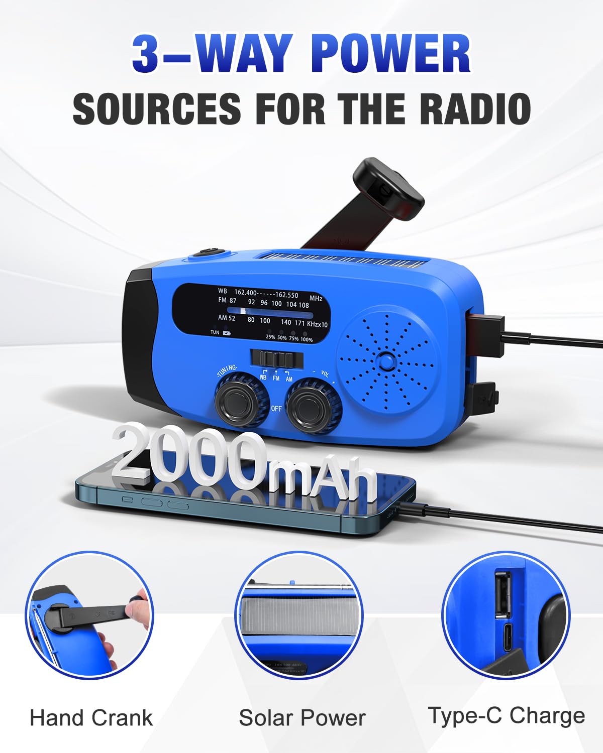 Emgykit emergency radio blue am-fm-noaa-display highlights weather and entertainment options in one device.