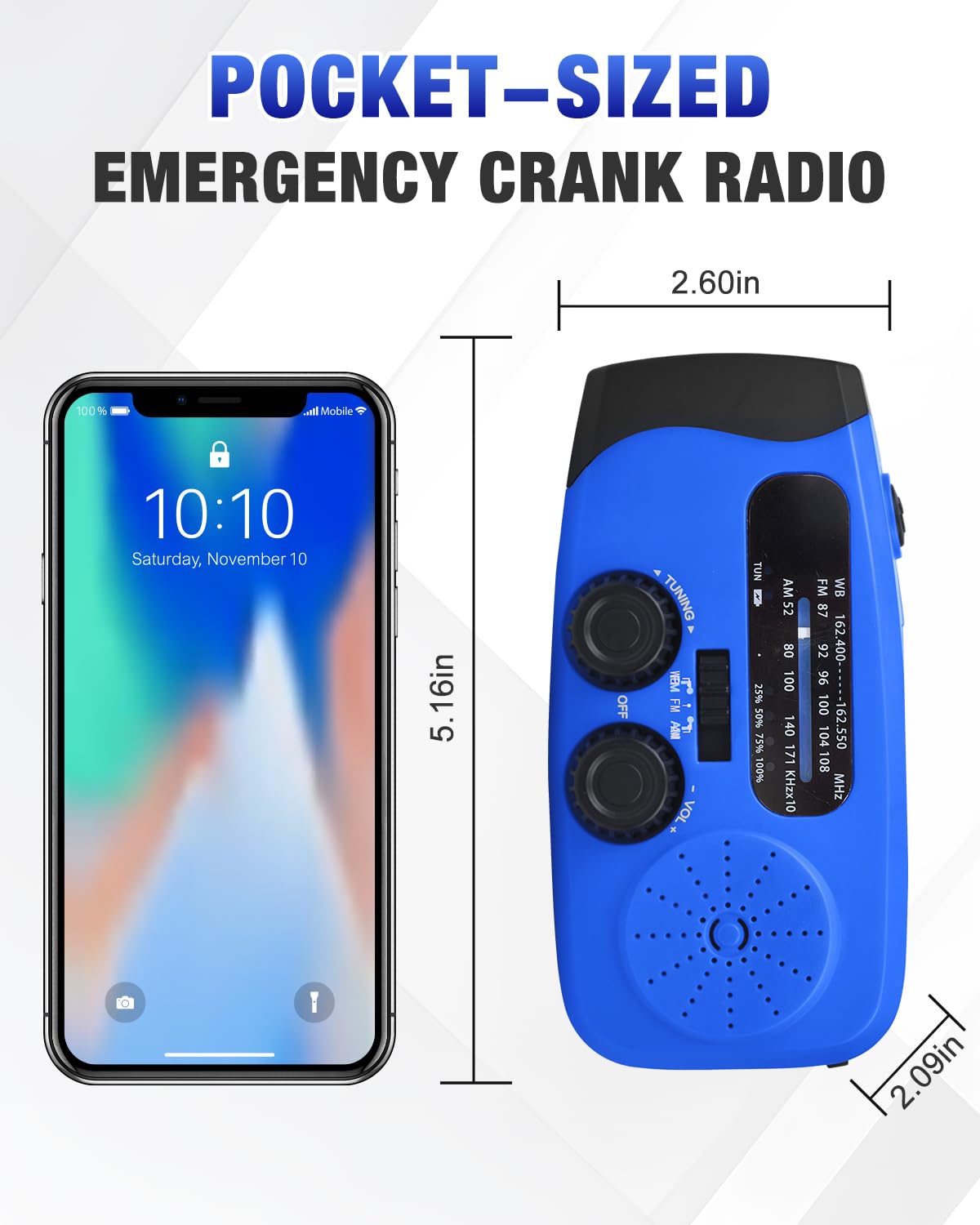 Emgykit emergency radio blue compact-size suits pocket- or bag-fit for on-the-go use.