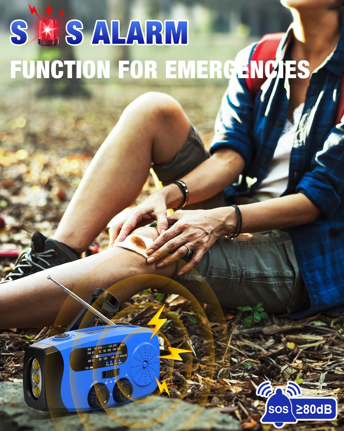Emgykit emergency radio blue crank-handle showcases human-powered charging when batteries run low.