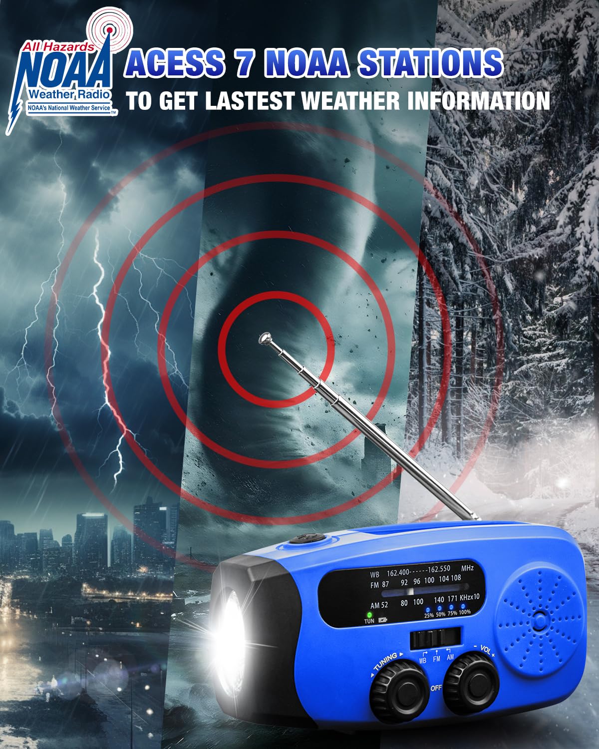 Emgykit emergency radio blue led-flashlight demonstrates bright, reliable lighting during outages.