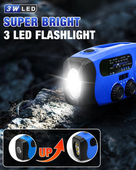 Emgykit emergency radio blue side view emphasizes portable form for camping and travel readiness.