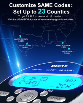 Emgykit MD319 side button details highlighting one-touch county setup and snooze