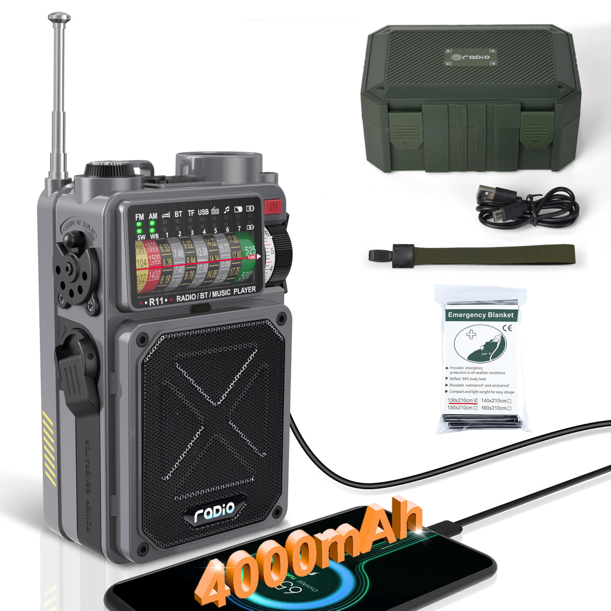 Emgykit R11 front view showing radio and speaker, clear sound on the go