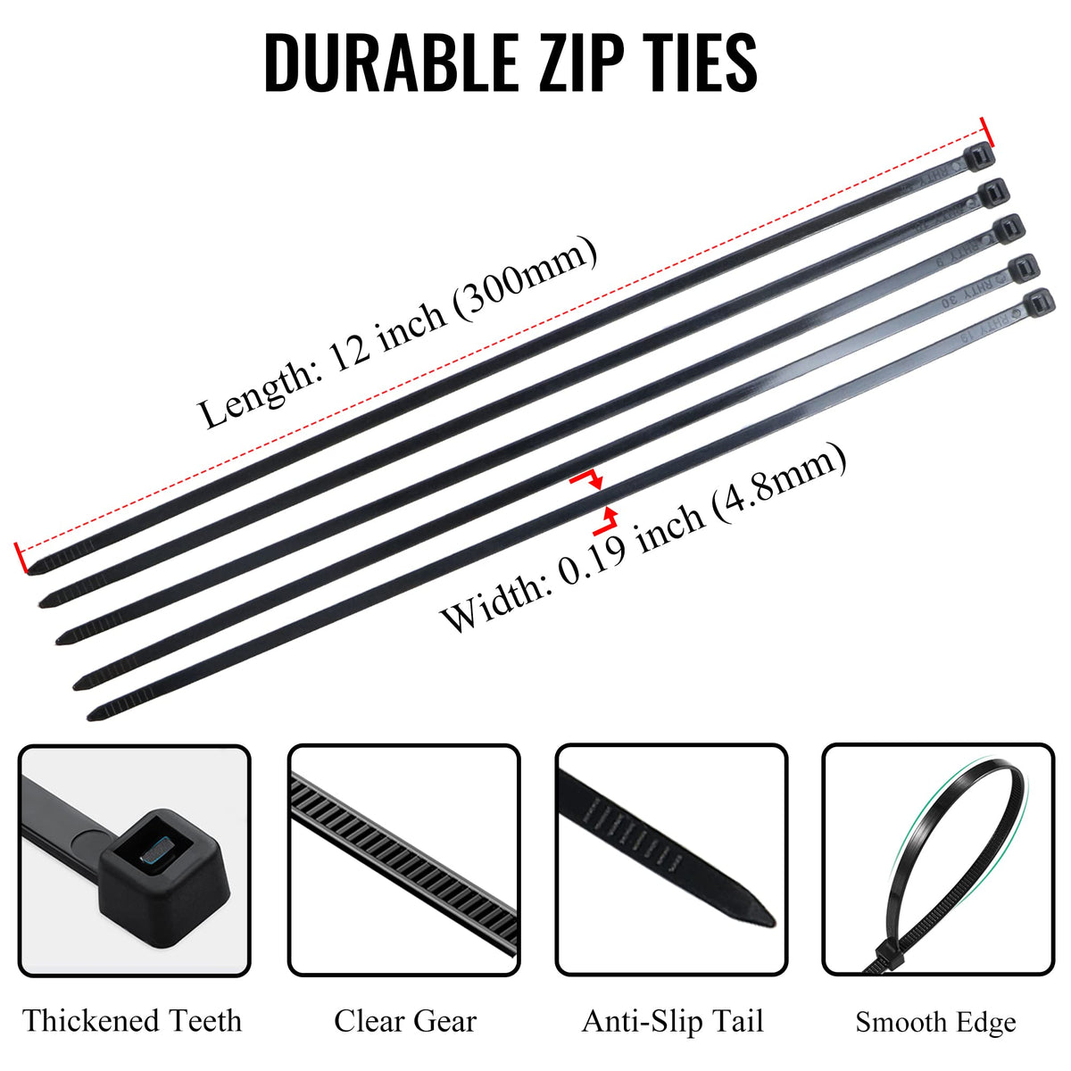 EMINCOUP self-locking zip tie with non-slip teeth secures items quickly.