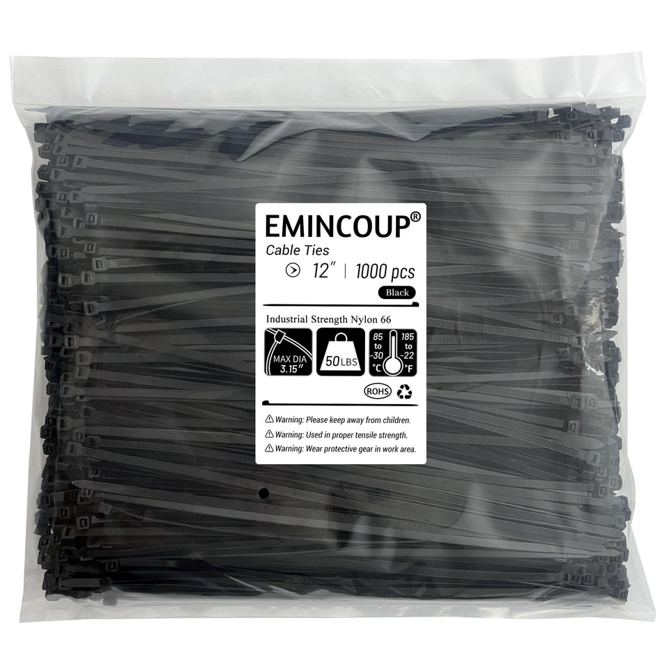 EMINCOUP zip ties 12 inch black 1000 pack for sturdy cable organization indoors.
