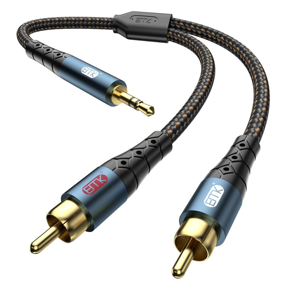 EMK 3.5mm to 2RCA cable front view with gold-plated connectors for clear stereo sound
