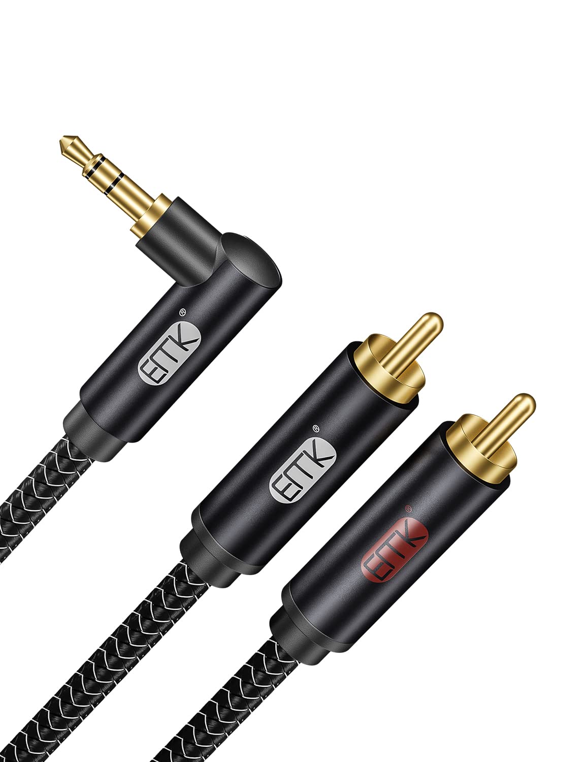 EMK 3.5mm to RCA cable with gold-plated 90° connectors for clean stereo transmission.