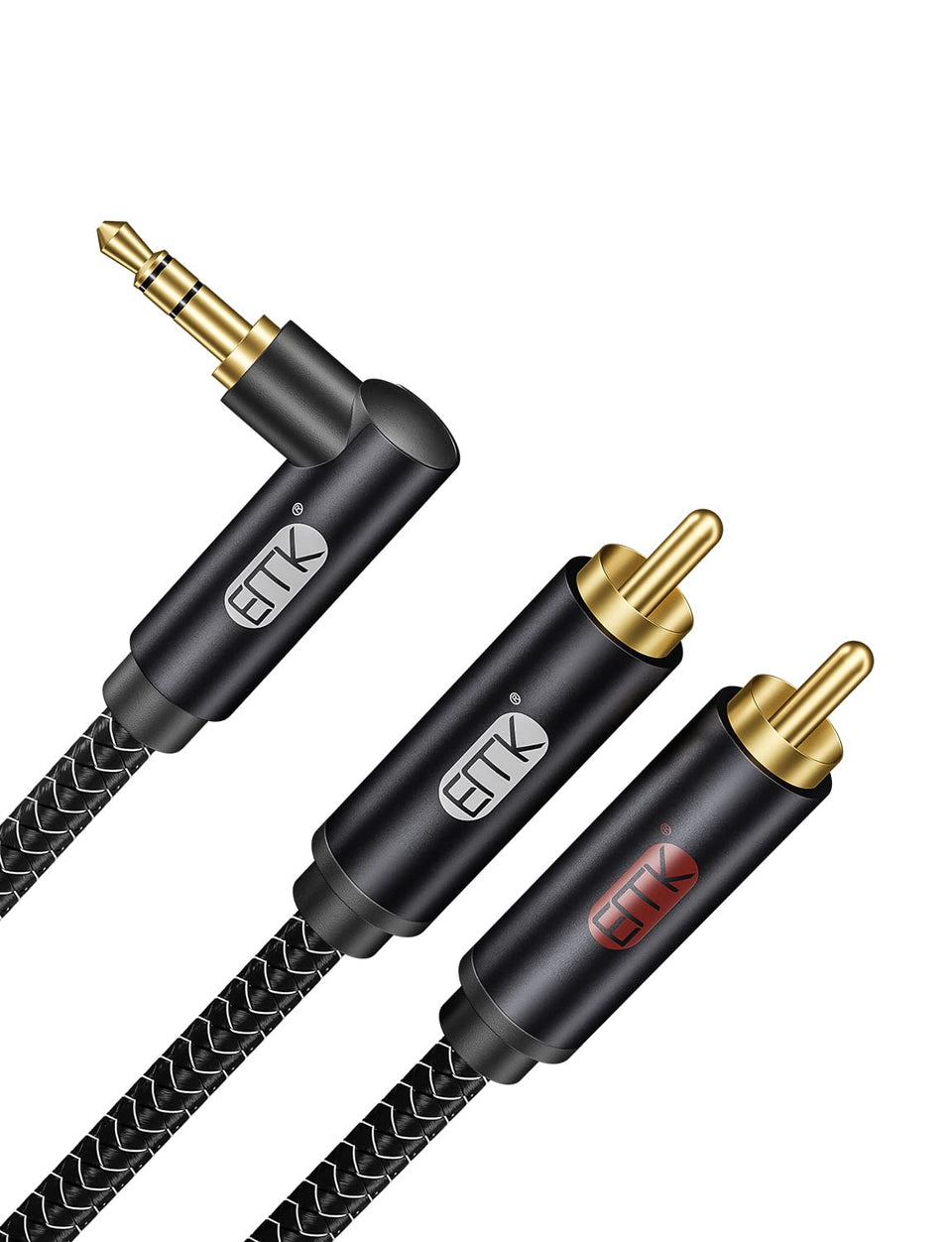 EMK 3.5mm to RCA cable with gold-plated 90° connectors for clean stereo transmission.