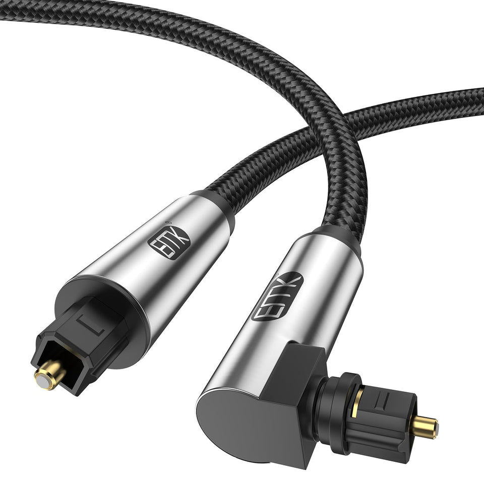 EMK 90° optical cable with right-angle connector fits behind wall-mounted devices.