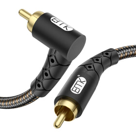 EMK 90-degree RCA subwoofer cable for tight spaces delivering stable signal.