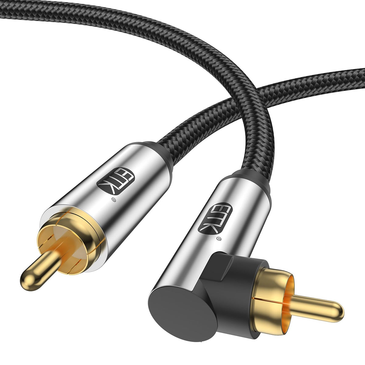 EMK 90-degree subwoofer cable with right-angle connection for tight setups.