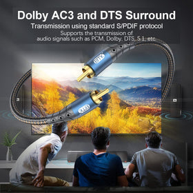 EMK easy-connect RCA cable in a living room entertainment arrangement.