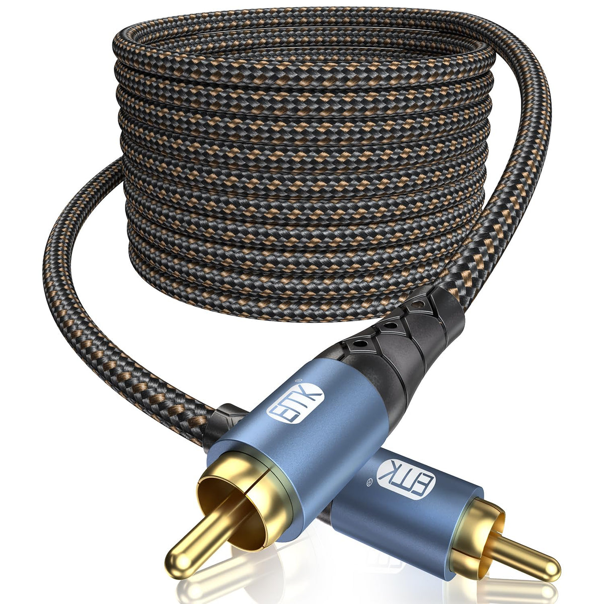 EMK front view of 50ft RCA cable showing connectors and braided jacket benefits