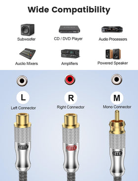 Close-up of EMK gold-plated RCA connectors on the Y-splitter for reliable signal transfer
