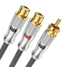 EMK gold-plated RCA Y-splitter full cable view showing compact 1ft length for easy placement