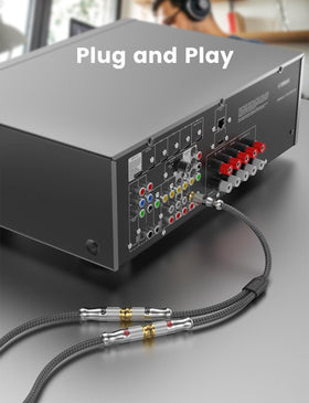 EMK Y-splitter showing one male and two female RCA ends for versatile wiring