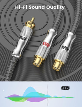 Shielded EMK RCA Y-splitter with braided jacket detail reduces interference