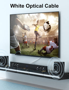 EMK home theater setup shows cable connecting TV and soundbar.