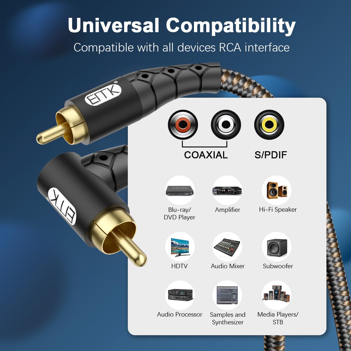 EMK nylon braided RCA cable offers durable, kink-resistant performance for everyday AV use.