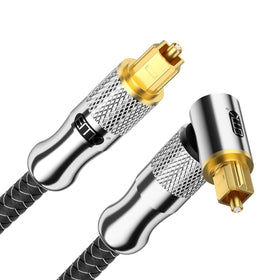 EMK Premium 24K gold-plated right-angle Toslink cable close-up for wall-mounted setup.