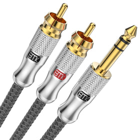 EMK front view of 1/4 to RCA cable showing both connectors and length benefit