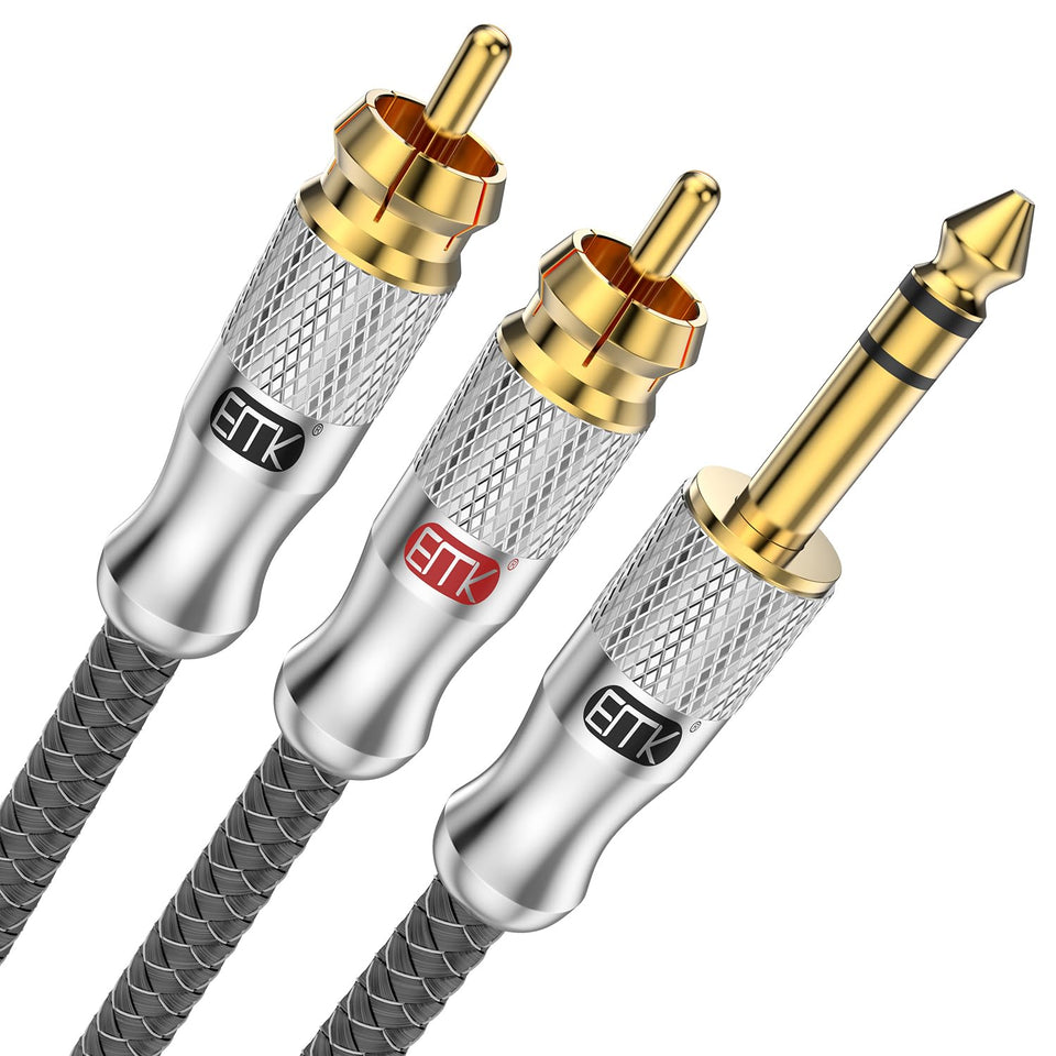 EMK front view of 1/4 to RCA cable showing both connectors and length benefit
