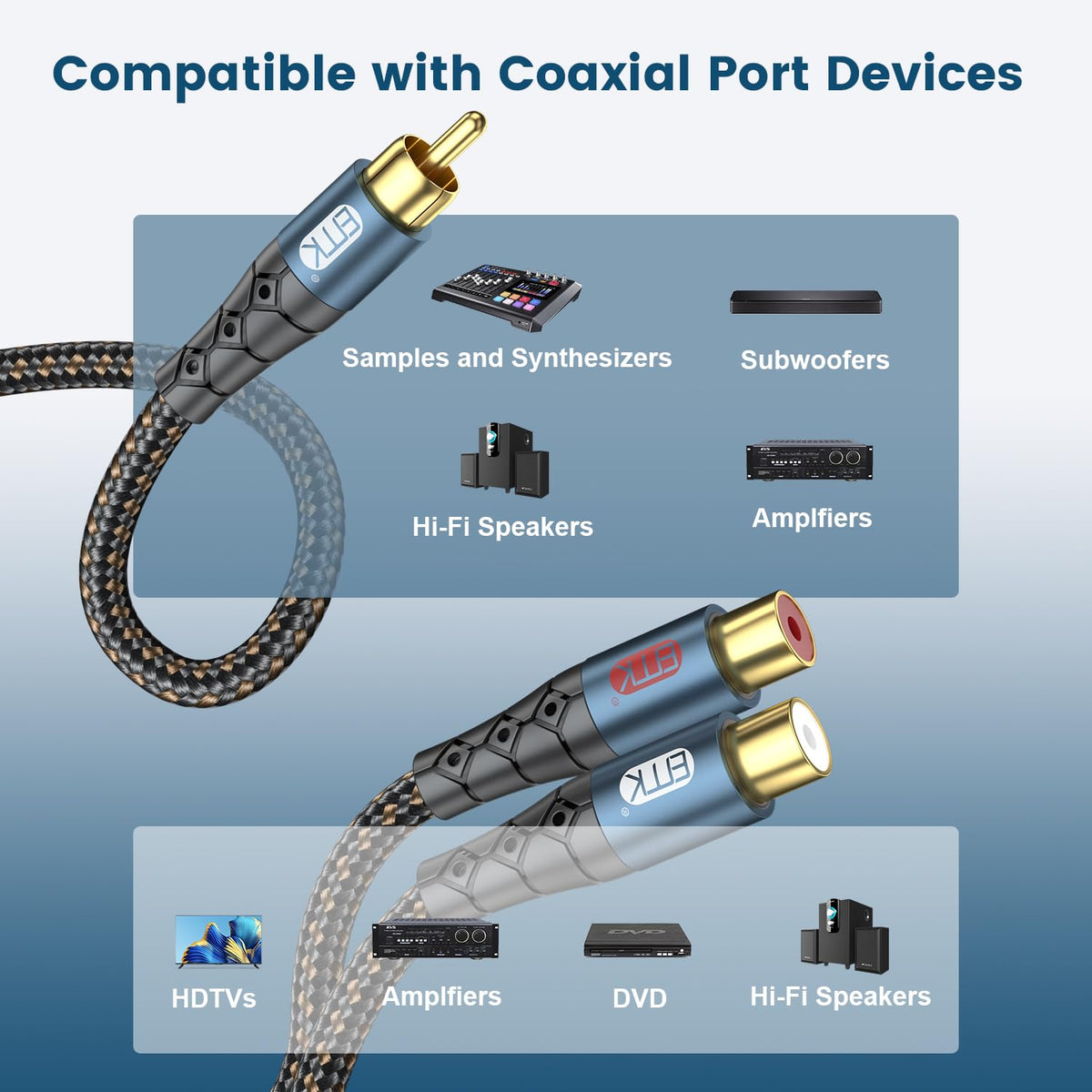 EMK RCA splitter foil shielding reduces EMI and RFI interference.