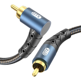 EMK RCA subwoofer cable with 90-degree design for tight installation and clean routing.