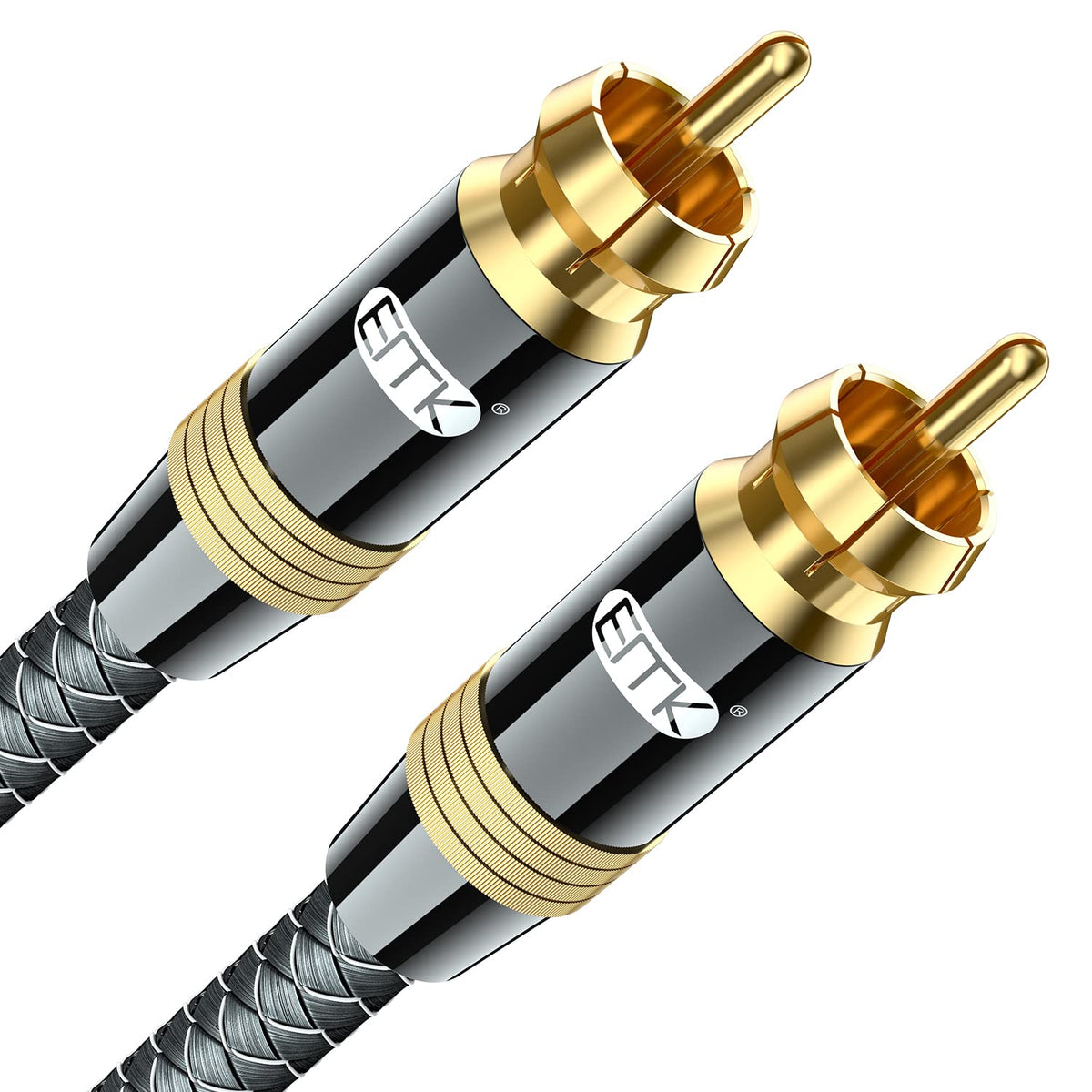 EMK close-up of RCA-to-RCA plug showing premium gold-plated tips for cleaner sound.